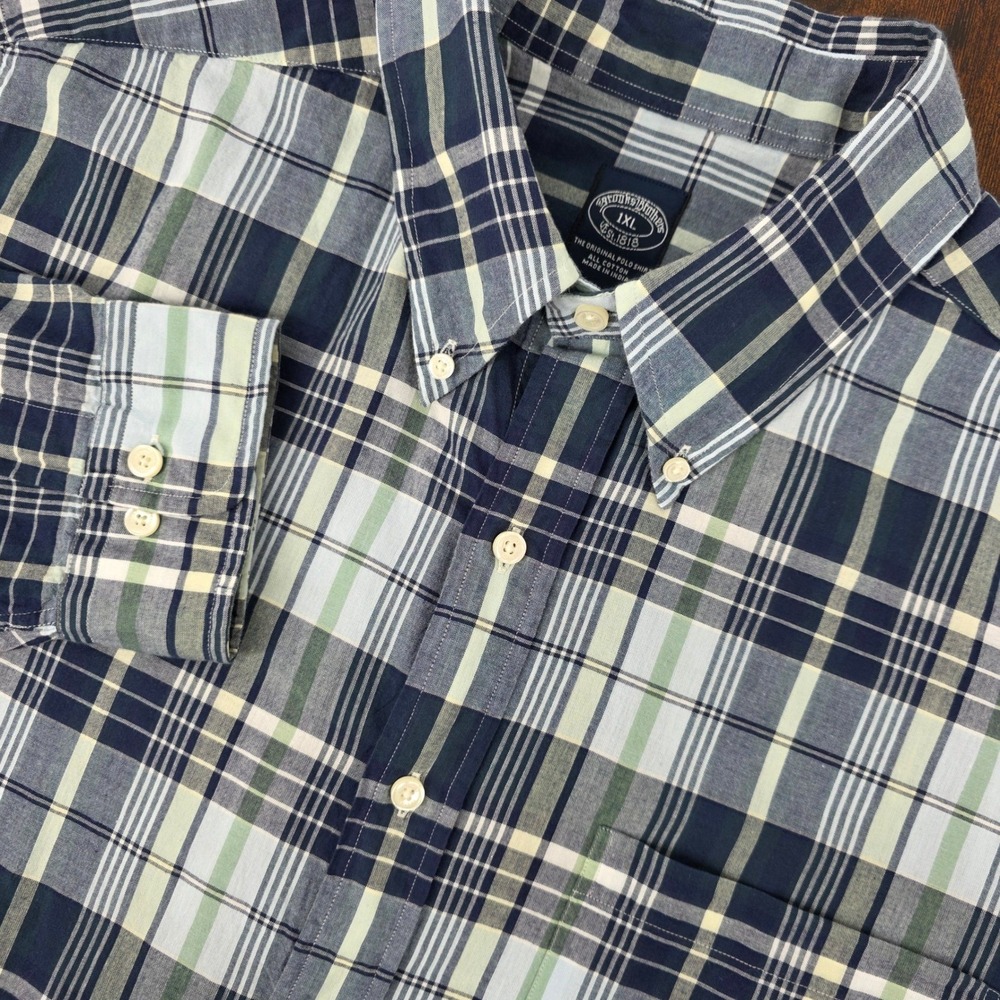 Brooks Brothers Plaid Button Down Long‎ Sleeve Shirt Green Blue Mens 1XB Big